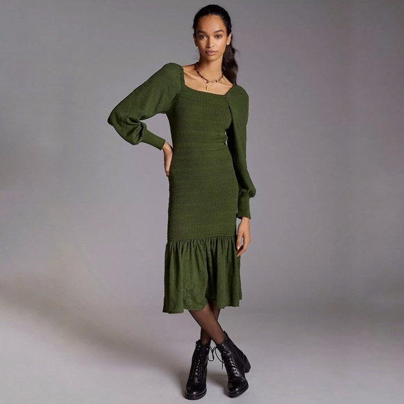 NWT Anthropologie Green Smocked Puff Sleeved Mini Dress - Picture 2 of 6